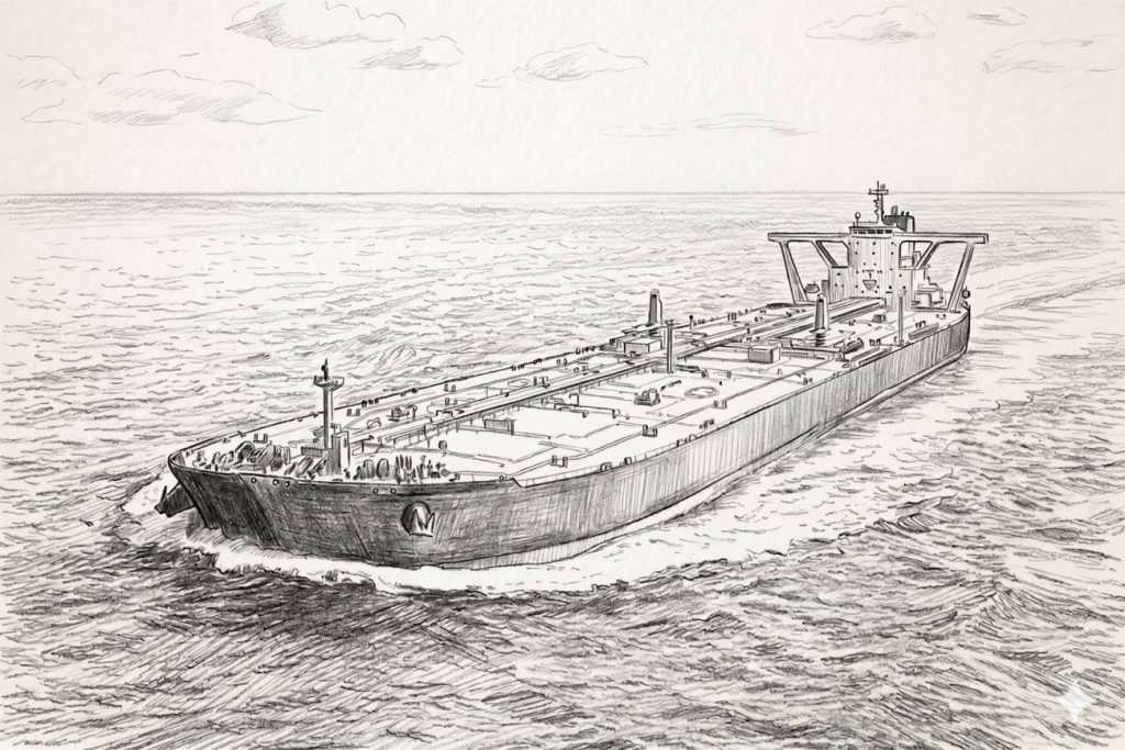 Pencil sketch of a loaded super-tanker crossing open ocean