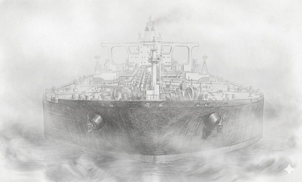 Pencil sketch of a super-tanker disappearing into thick fog over the water