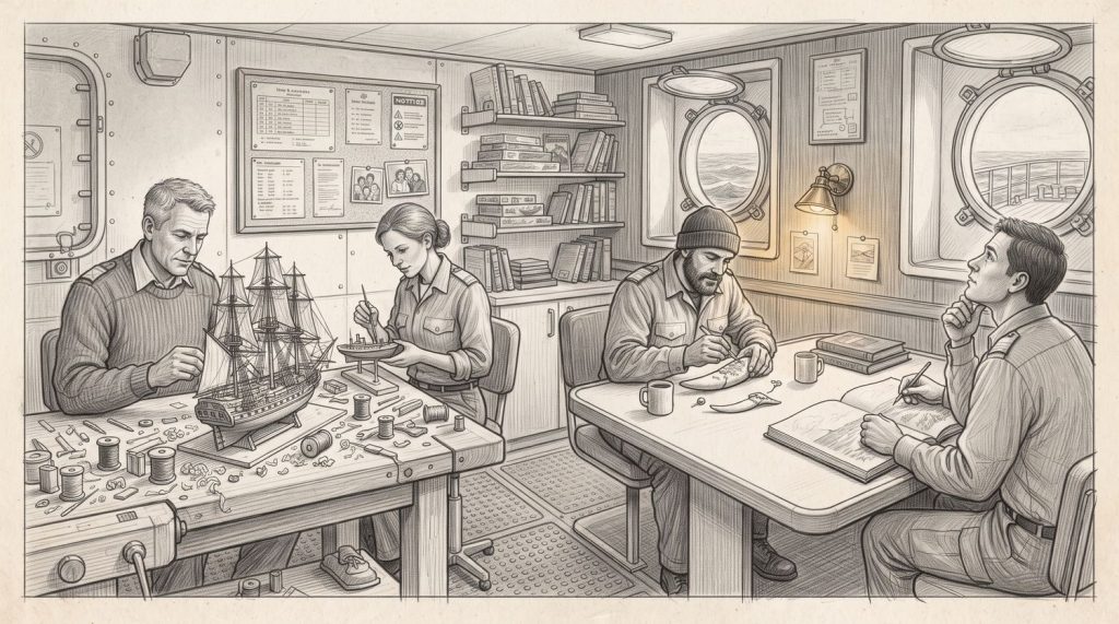 Pencil sketch of seafarers carving, painting and building models together in a ship's common room