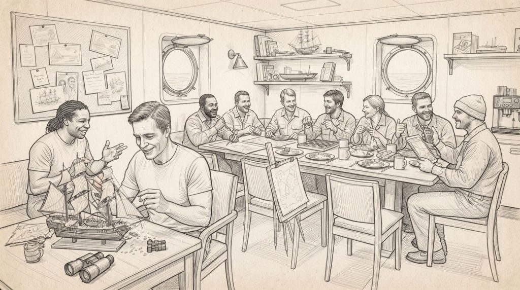 Pencil sketch of a multinational ship's crew sharing a long table in the mess room