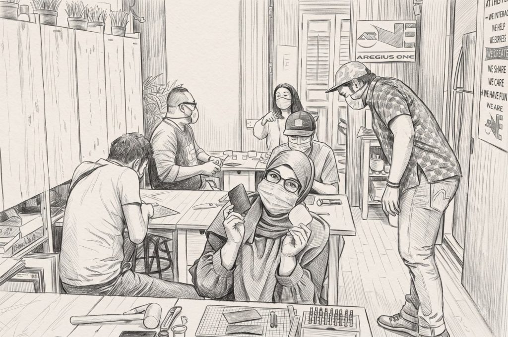 Pencil sketch of colleagues painting and crafting side by side in the Aregius One studio