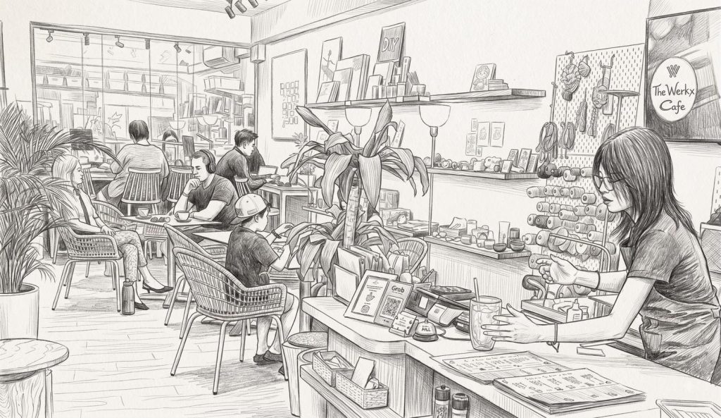 Pencil sketch of guests at work tables inside The Werkx cafe