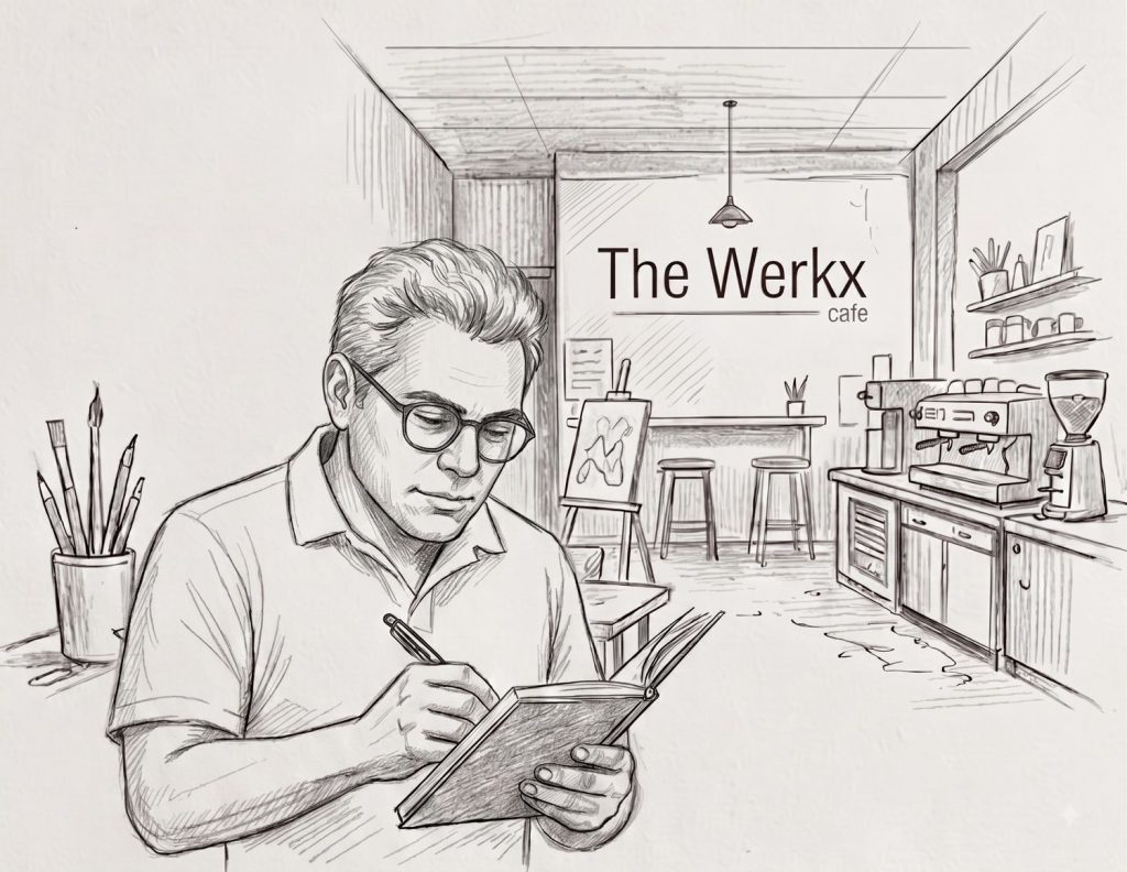 Pencil sketch of the founder sketching plans in front of The Werkx signage