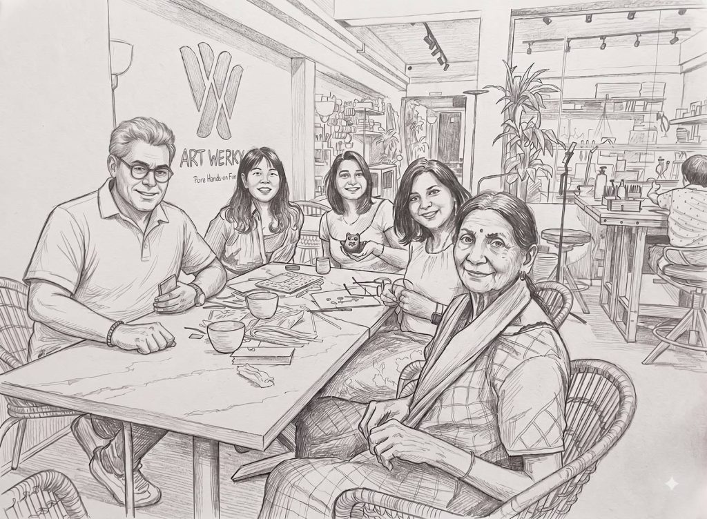 Pencil sketch of friends and family gathered around a table at Art Werkx