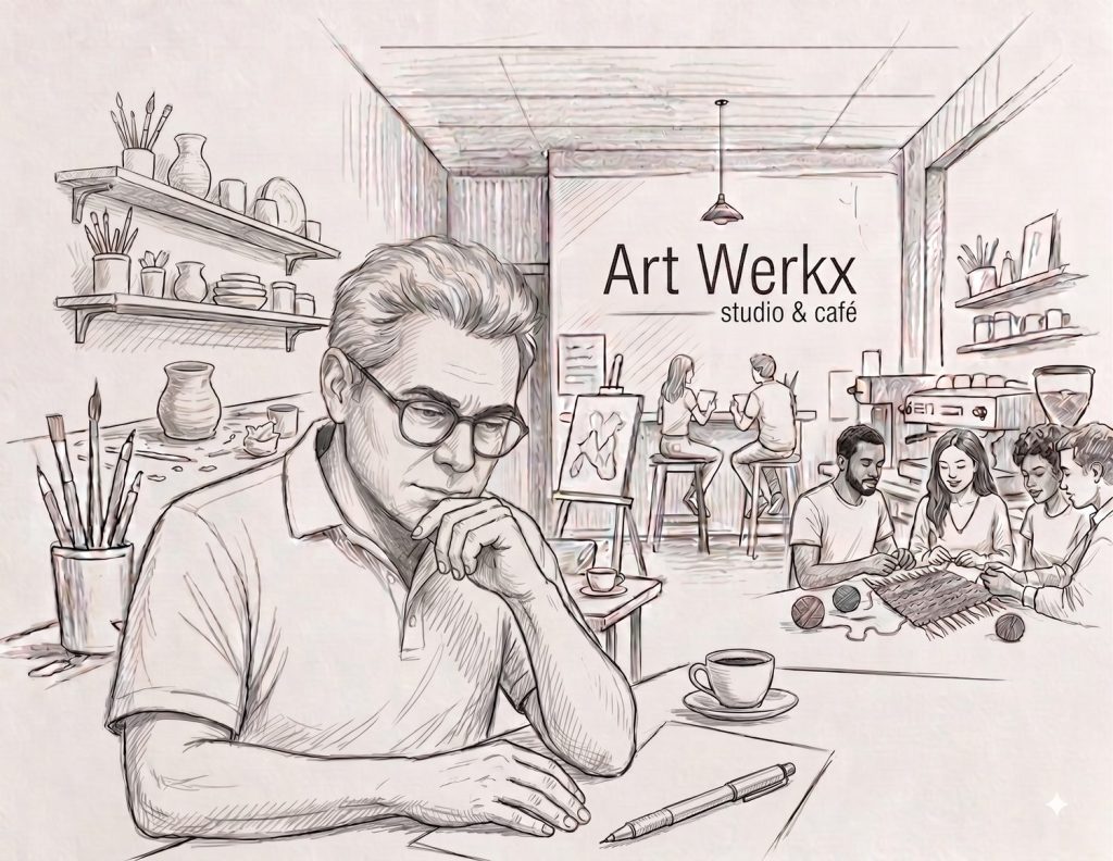 Pencil sketch of the founder sitting alone in thought inside Art Werkx