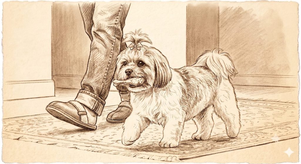 Pencil sketch of Woofie the Shih Tzu resting at her owner's feet