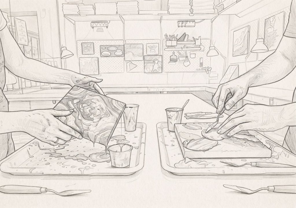 Pencil sketch of two pairs of hands making texture art on canvases at a table