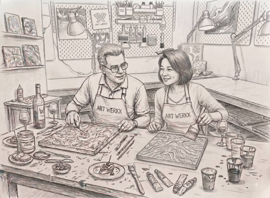 Pencil sketch of a couple in artwerkx aprons making texture art with wine and tapas on the table