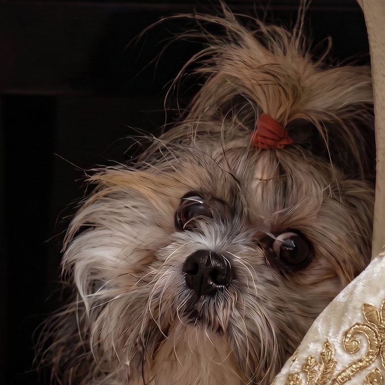 Close-up photo of Woofie the Shih Tzu with a red hair tie