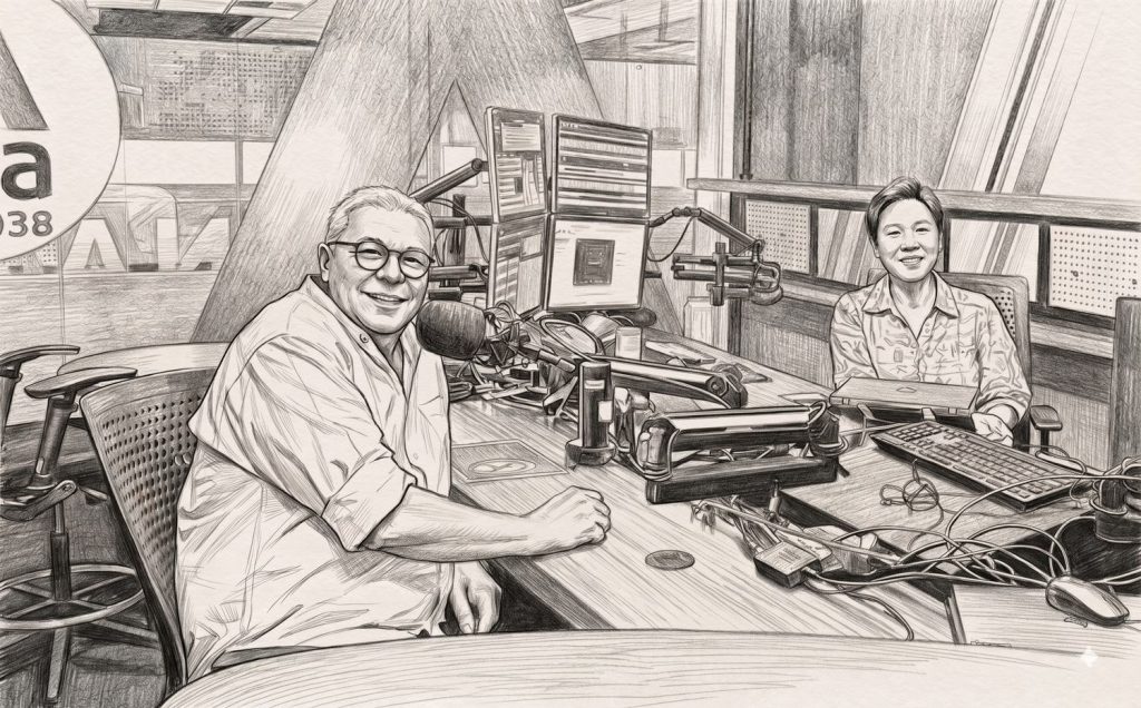 Pencil sketch of the founder being interviewed at a talk show table