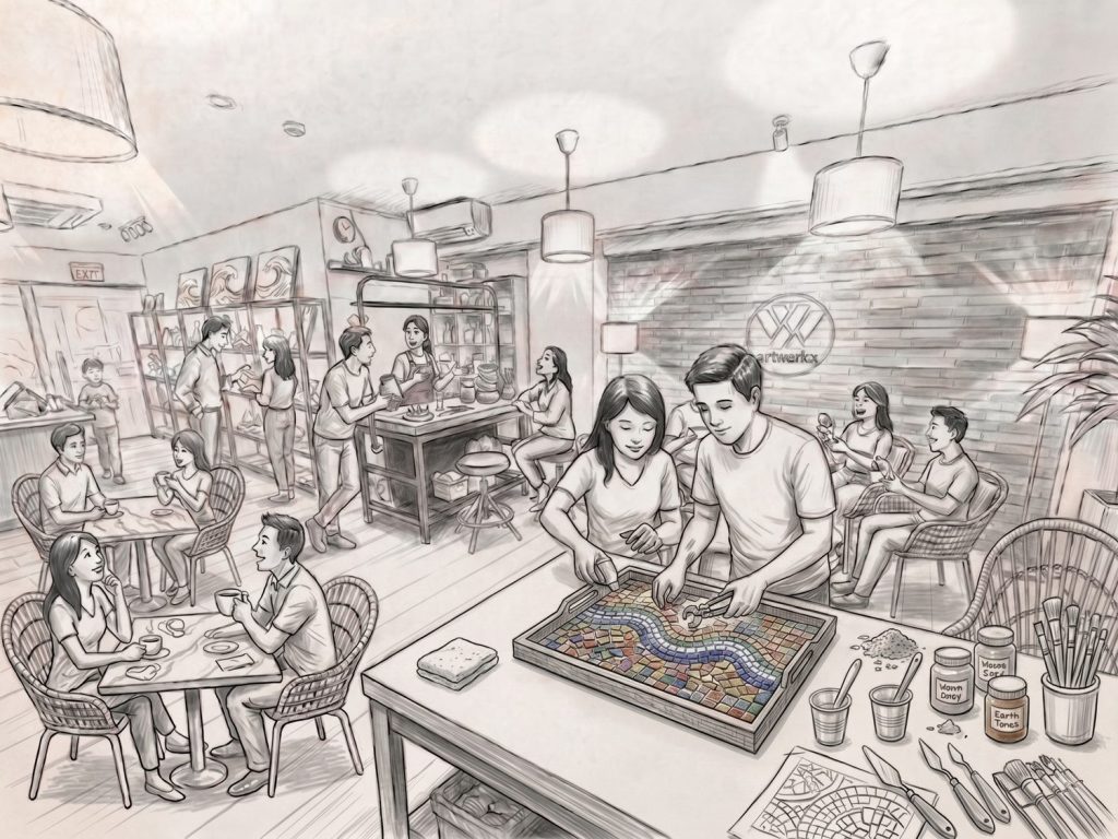 Pencil sketch of guests eating and making art together at artwerkx