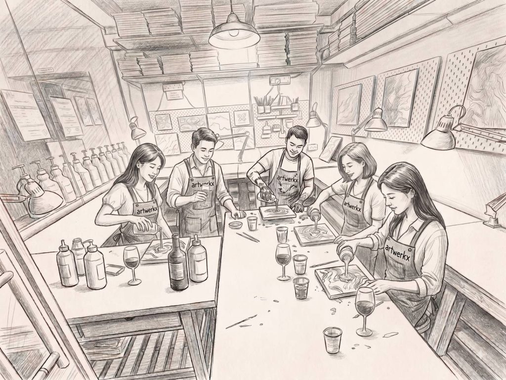 Pencil sketch of a long table of guests doing hands-on art over drinks at artwerkx