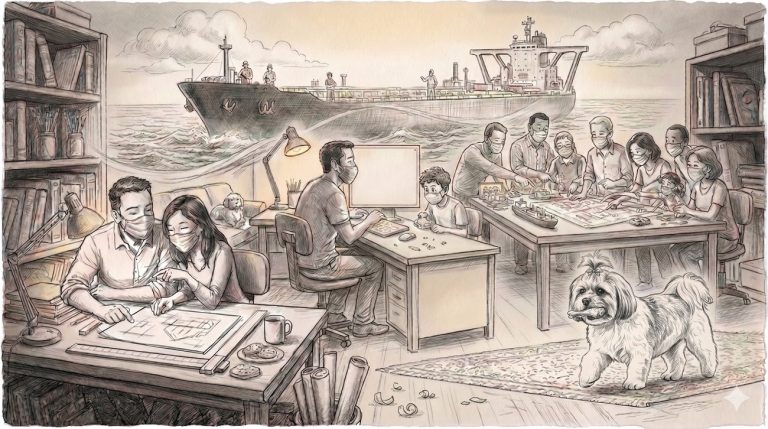 Pencil sketch collage of a super-tanker and people making art together